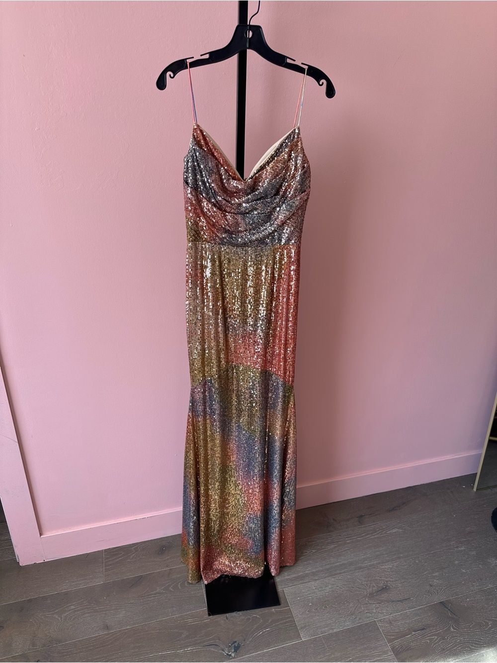 Theia Brynn Daydream Pastel Rainbow Sequin Cowl Neck Maxi Dress - Picture 2 of 7